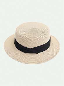 1pc Women's Khaki Black Band Flat Top Straw Hat, Vacation Beach Sun Protection Hat