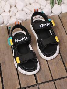 1 Pair Black Hook And Loop Sport Sandals With Text Design For Boys - Black - View 2