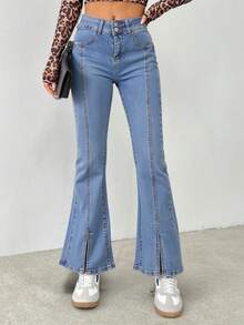 Jeans de bota acampanada para mujer, elegante y casual, tela de algodón y poliéster, ideal para primavera, verano y otoño, bolsillos funcionales, ajuste de cintura natural con ojales para cinturón. - Azul claro - Ver 5
