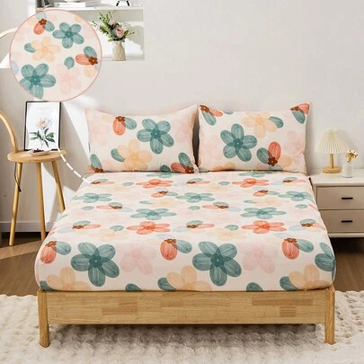 3 件套清新花卉床上用品套装，适用于卧室、客房、宿舍（男生/女生宿舍），套装包括：1 件床笠 + 2 个枕套（无填充物）