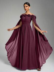 SUPGIR Off Shoulder Flare Sleeve Floral Decor Pleated Waist Chiffon Dress, Elegant Style - Red Violet - View 5