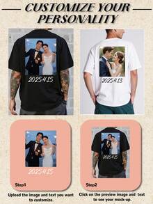 Customized Men's T-Shirt, Input Your Text/Blessing/Funny Text, Upload Photo Of Your Couple/Best Friend/Pet/Scenery, Black T-Shirt, Valentine's Day, Groomsmen Suit, Holiday Gift, Anniversary Gift Contracted, Easy Costume, Modest Fashion, Minimal Chic, Casual Custom, Unique, Personalized Ideal Gifts For Him Family, Boyfriend, Friends, Children - Black - View 4