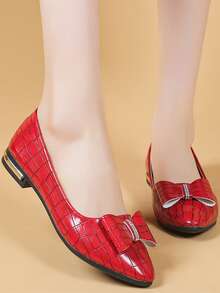 Girls' Flat Pointed Toe Slip-On Shoes, Rhinestone Bowknot Decoration, Fashion Princess Style, Kid Casual All-Match Loafers, Suitable For Children - Red - View 1