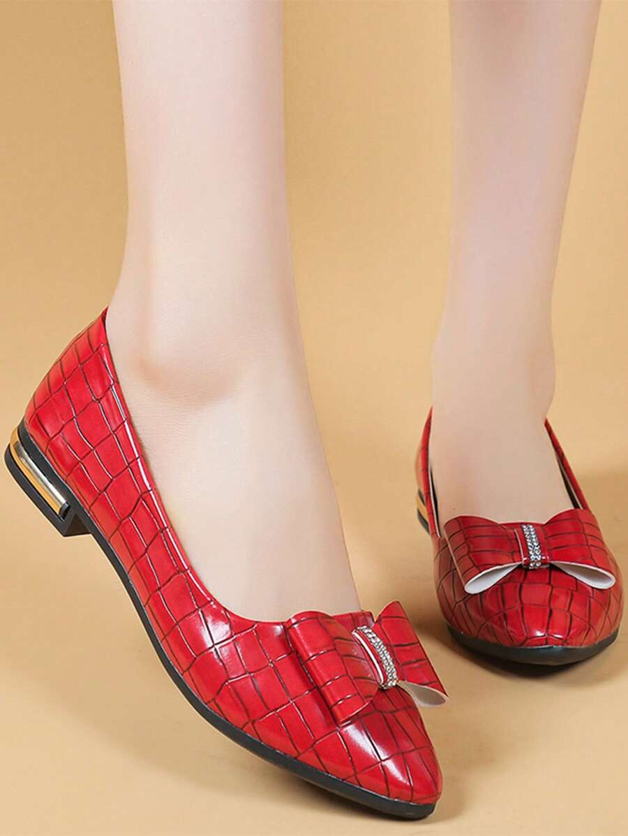 Girls' Flat Pointed Toe Slip-On Shoes, Rhinestone Bowknot Decoration, Fashion Princess Style, Kid Casual All-Match Loafers, Suitable For Children - Red - View 1