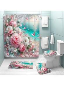 1 peça/4 peças Conjunto de Cortina de Chuveiro com Cenário de Praia Refrescante e Floral, Cria uma Atmosfera Romântica para o Banheiro, Cortina Impressa com 12 Ganchos, Tapete de Banheiro, Tapete em Forma de U para Vaso Sanitário, Tampa de Assento do Vaso Sanitário, Divisória de Banheiro, Acessórios de Banheiro, Decoração de Banheiro
