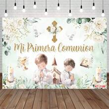 My First Backdrop Birthday Party Decor Baptism Gold Cross God Bless Photography Background