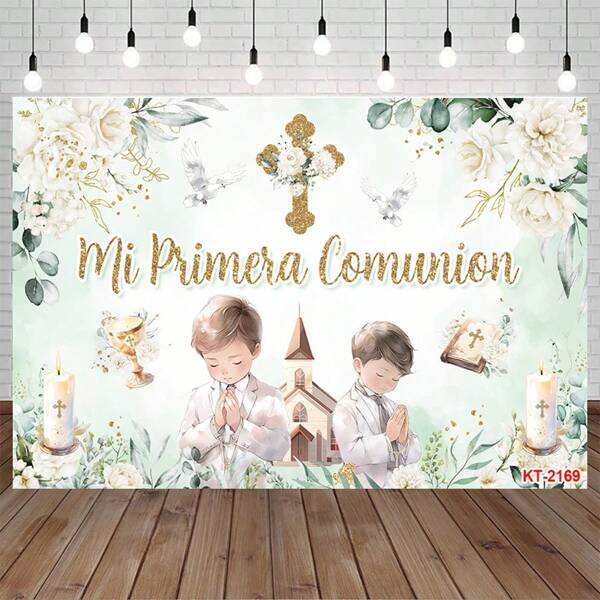 My First Backdrop Birthday Party Decor Baptism Gold Cross God Bless Photography Background