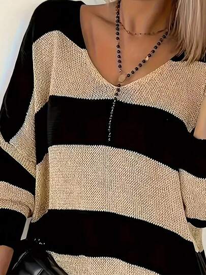 Letter Pattern V Neck Plus Size Sweater, Casual Long Sleeve Rolled Trim Sweater, Women's Clothing