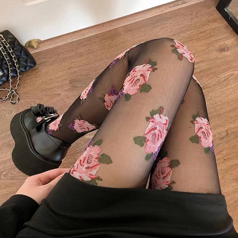 1pc Vintage Rose Print Tight Pants, Anti-Hook Elastic Tight Pants, Women's Socks And Stockings - 彩色 - 查看 1