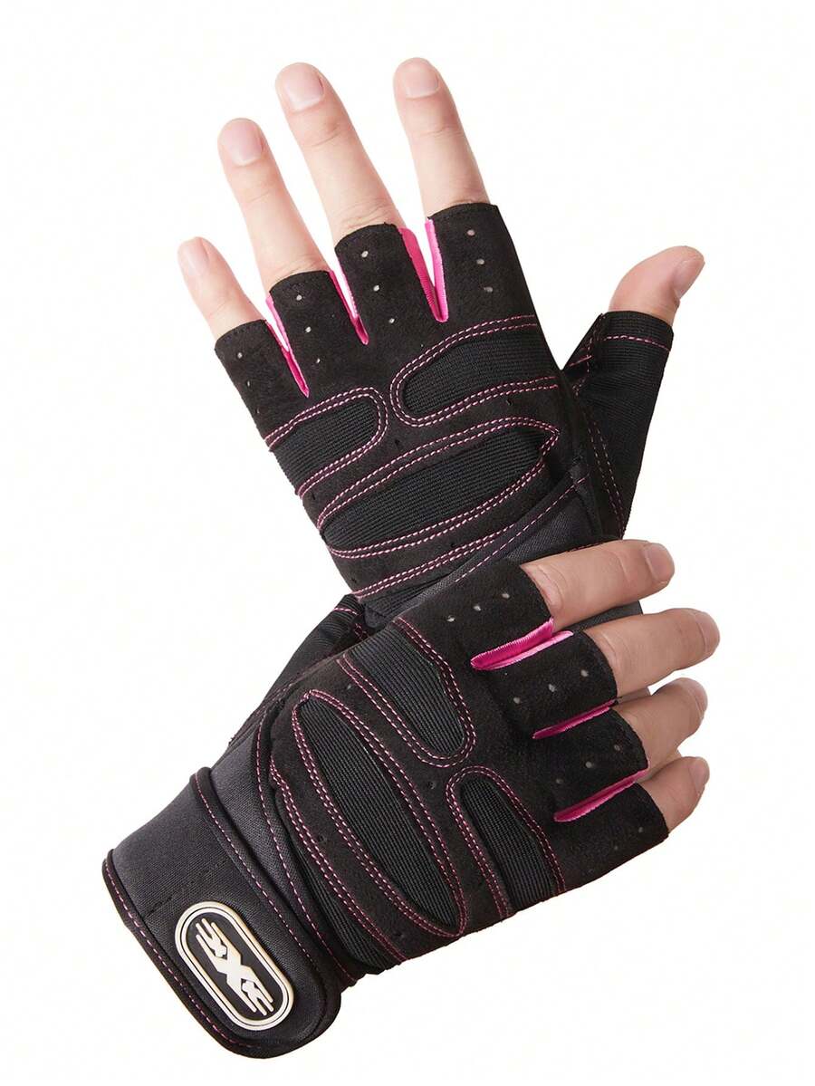 1 Pair Outdoor Sports Half Finger Gloves, Unisex Fitness Cycling Long Wrist Wrap Slip-Resistant Palm Gloves - Pink - View 1