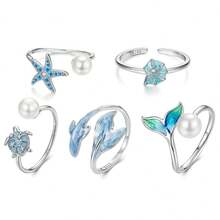 1 pieza Anillo ajustable abierto de plata de ley 925 con diseño de tortuga marina, serie oceánica, regalo de cumpleaños, accesorio de verano - Plateado - Ver 12