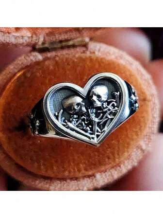 Vintage silverhjärtring, unik parring med dödskalle, ultimat omfamningsring, punkgotisk förlovningsring, Halloween-parsmycken, alla hjärtans dag-julklapp