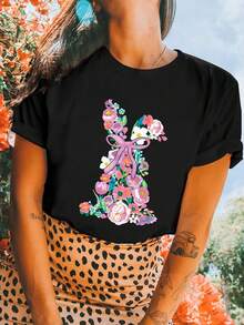 Women's Fitted Black Floral & Rabbit Print T-Shirt, Casual & Versatile, Soft Fabric, Spring/Summer - Black - View 1