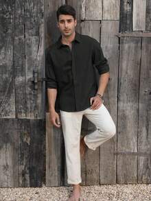 Runcati Mens Button Down Shirt Linen Cotton Shirts Casual Long Sleeve Spread Collar Lightweight Beach Plain Tops - màu đen - Xem 3