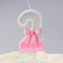 1 支生日数字蜡烛彩色粉色蝴蝶结生日蜡烛蛋糕闪光数字 1 蜡烛蛋糕装饰带亮片，适合女孩和女士周年纪念庆祝物品 - 彩色 - 查看 3
