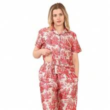 Luxury Satin Toile Print Pyjama Set – Short Sleeve, Button-Up & Pockets - Red - View 6
