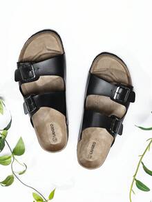 Dép xỏ ngón Mule đế bần mềm chống trượt phong cách tối giản Unisex, quai đôi màu đen bóng, có thể điều chỉnh, trang trí bằng kim loại kép, thích hợp cho Giáng sinh, Halloween, ở nhà, hẹn hò, đi dạo, đi làm, tiệc tùng, bãi biển - màu đen - Xem 3