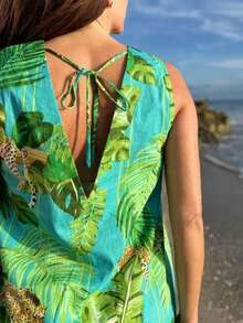 Vestido de mujer con estampado de hojas por toda la prenda - Verde - Ver 4