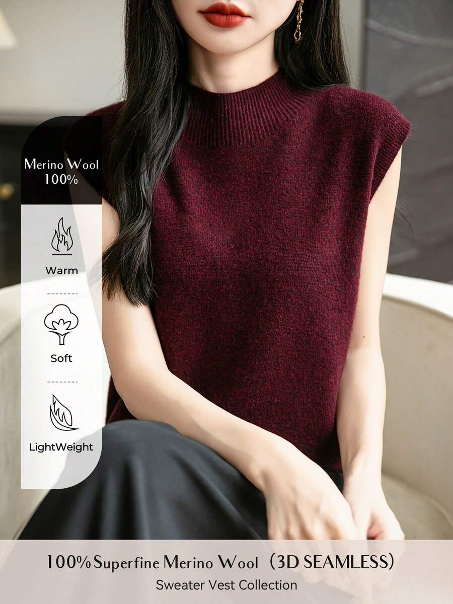 Áo nữ mùa hè 100% len Merino, áo len không đường may, áo cổ cao không tay, trang phục mùa hè giản dị cho nữ, áo thun len mới. - Màu Đỏ Sâu - Xem 1