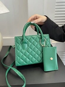 2pcs Fashion Simple Solid Color Quilted Handbag Set - Green - View 3