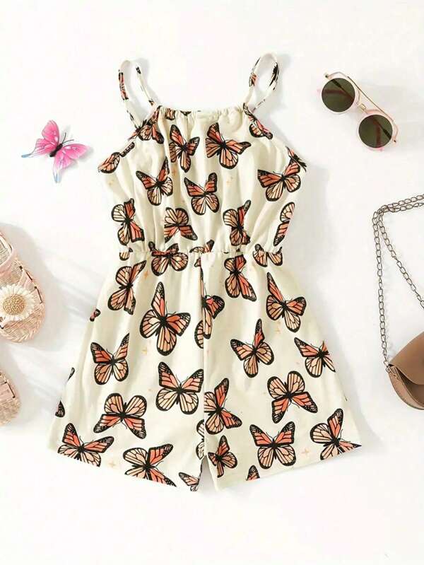 Girls' Summer Casual Sleeveless Jumpsuit With Cute Butterfly Print - Stretchy & Breathable Polyester-Spandex Blend, Machine Washable, Off-Shoulder Design, Perfect For Youngsters' Playtime, Warm Weather Attire | Ruffled Hem Dress | Stretchy Fabric, Perfect For Outdoor