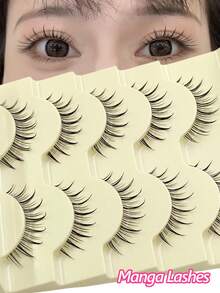 Asiteo 5对卡通风格假睫毛，自然纤长仿貂毛睫毛，透明细柄，打造自然妆容，适合日常妆容