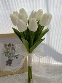 Bridesmaid Artificial Flower Bouquet For Wedding, White Tulip & Calla Lily Floral Arrangement, Bridal Bouquet, Wedding, Ceremony, Anniversary, Fake Flowers Spring Home Decor, Photography Props, Centerpiece, Party Table Decor, Holiday Decoration, Easter Gift, Birthday, Graduation