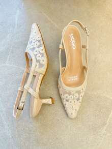 Rhinestone Embellished Elegant Vintage Style Basic High Heels, Fashion Party Shoes - Beige - View 5
