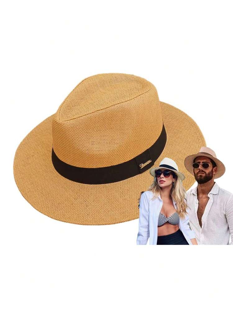 CHAPÉU MODA PANAMÁ SHANTUNG  FEDORA PALHA  FAIXA PRETA QUALIDADE PROMOÇÂO - Caramelo - Visão 1