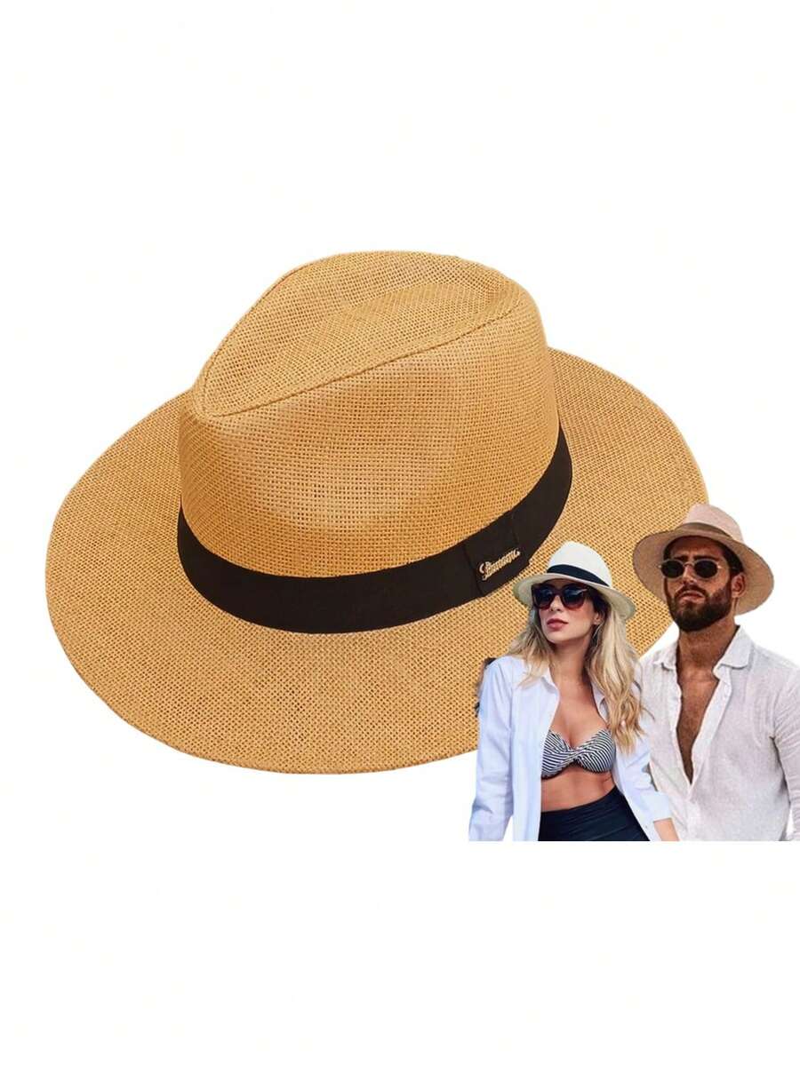 FASHION PANAMA HAT SHANTUNG FEDORA STRAW BLACK BAND QUALITY PROMOTION - Camel - View 1