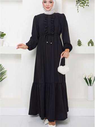 时尚女式休闲纯色腰部抽绳长袖宽松连衣裙，端庄