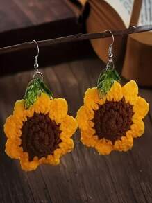 1 Par de Brincos Minimalistas Tricotados com Flor, Girassol e Folha Verde, Design Criativo para Mulheres, Uso Casual