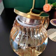 1pc 43.3oz Amber Glass Water Pitcher, Retro Handmade Pumpkin Shaped Glass Tea Kettle For Home Use - Multicolor - View 5