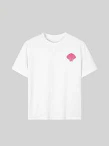 1 pièce T-shirt graphique à manches courtes et col rond décontracté pour filles, tenue estivale d'étudiante - motif coquillage et tampon, conception artistique de T-shirt inspirant l'imagination et l'expression de soi