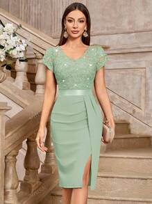 MIUSOL Elegant Sequin Lace Ruched Split Thigh Cocktail Party Bodycon Dress, Wedding Guest Dress