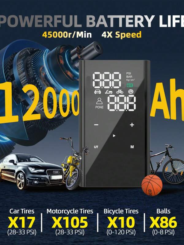 EE-ACE Inflador de neumáticos portátil, compresor de aire 4 veces talla grande rápido, 12000mAh, bomba de aire de 150PSI para neumáticos de coche con pantalla táctil/USB-C, bomba de neumáticos portátil para coche, apta para SUV, bicicleta, motocicleta y balones