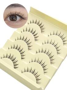 Asiteo 5对卡通风格假睫毛，自然纤长仿貂毛睫毛，透明细柄，打造自然妆容，适合日常妆容