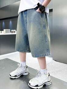 Tween Boys' Summer 2025 New Version Cartoon Print Jeans - Blue - View 2