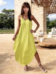 Vestido Midi Holgado de Escote en V con Tirantes - Amarillo - Ver 3