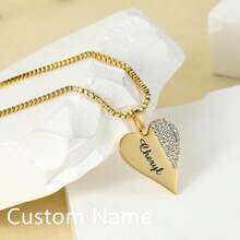 Rhinestone Heart Pendant Necklace - Luxury Customized Stainless Steel Pendant Necklace With Carved Name, High-End Personalized Jewelry Necklace - Multicolor - View 2