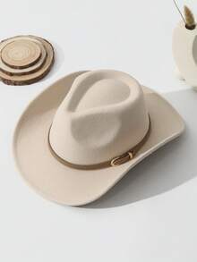 1pc Unisex Belt Decor Boho Cowgirl Hat Cowboy Hat Wide Brim Handmade Fedora Hat Jazz Panama Hat Soft Felt Hat Western Suitable For Daily Use - 米色 - 查看 3