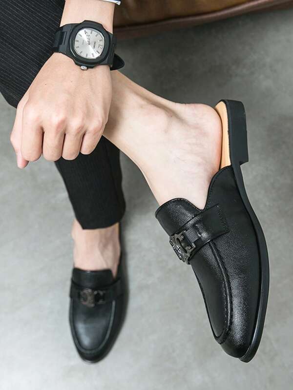 Men's Retro Black Leather Dress Slip-On Mule Shoes, Closed Toe Sandals For Summer