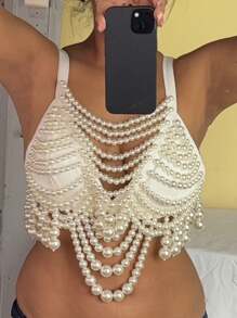 1 pezzo Canotta elegante da donna con perle, realizzata interamente a mano, con catena di perle di lusso, cinturini a spaghetti, stile stradale caldo, adatta per appuntamenti, feste o vacanze, ottimo anche come regalo per signore