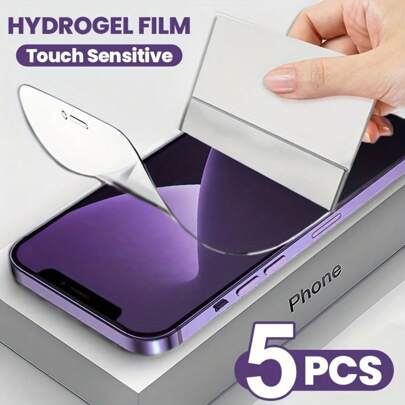 kamyuurs 5pcs Hydrogel Film Screen Protector Compatible With IPhone, Full Coverage, Glossy Finish, Touch Sensitive, Anti-Scratch, Fingerprint Unlock Compatible, Ultra-Thin Invisible Shield