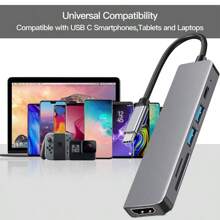 USB C Hub 6 In 1 Type C 3.1 To 4K Adapter With SD/TF Card Reader PD Fast Charge 2.0/3.0 Data Transfer Port USB Flash Drive Socket Compact And Portable Carry On Business Trips For Laptop Computer PC Android Phone Tablet