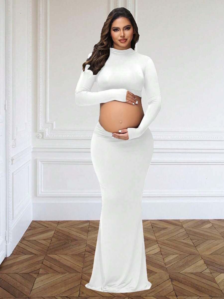 JustVH Maternity Turtleneck Top & Mermaid Skirt 2 Pieces Set, Solid Color, Suitable For Photo Shoot And Baby Shower White - White - View 1