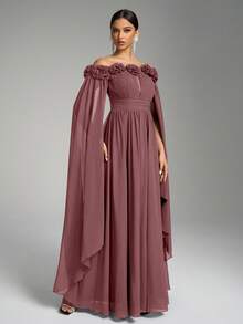 SUPGIR Off Shoulder Flare Sleeve Floral Decor Ruched Waist Maxi Chiffon Dress, Elegant - Bụi hồng - Xem 5