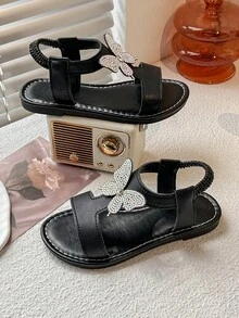 Summer Toddler Girls Sandals White Butterfly Rhinestone Decor Open Toe Comfort Breathable Kids Fashion Shoes For Daily & Party Wear - Black - View 1