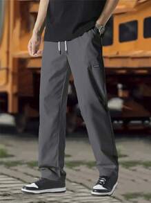 2pcs Men Casual Black & Gray Pants, Slim Fit Design, Urban Streetwear Style Trousers Set