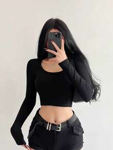 Women's Long Sleeve T-Shirt Ribbed Fabric S M L - Black - View 1